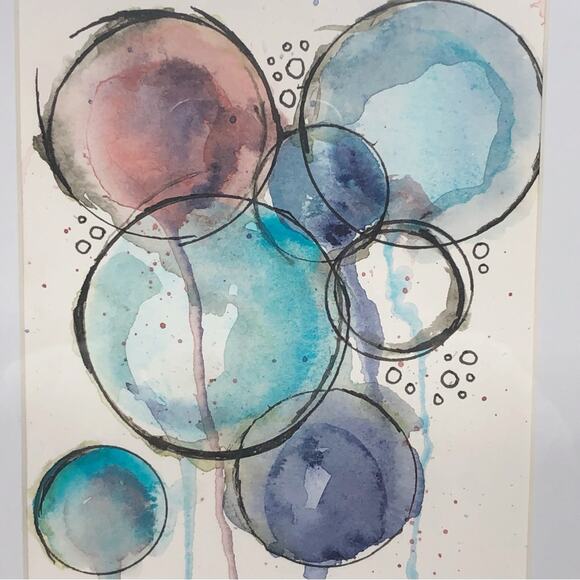 Original Artwork Framed Loose Watercolor Floral Bubble Art Painting by H. Barrow - Picture 3 of 5